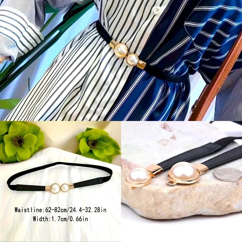 Thin Double Faux Pearl Buckle Solid Color‎ PU Leather Waist Thin Belt One Size